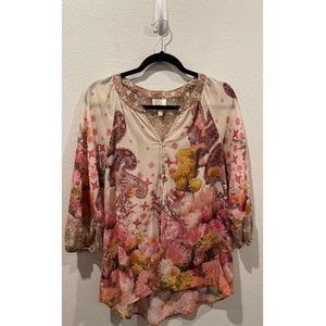 FIG AND FLOWER Sheer 3/4 Sleeve Printed Floral Multicolor Blouse